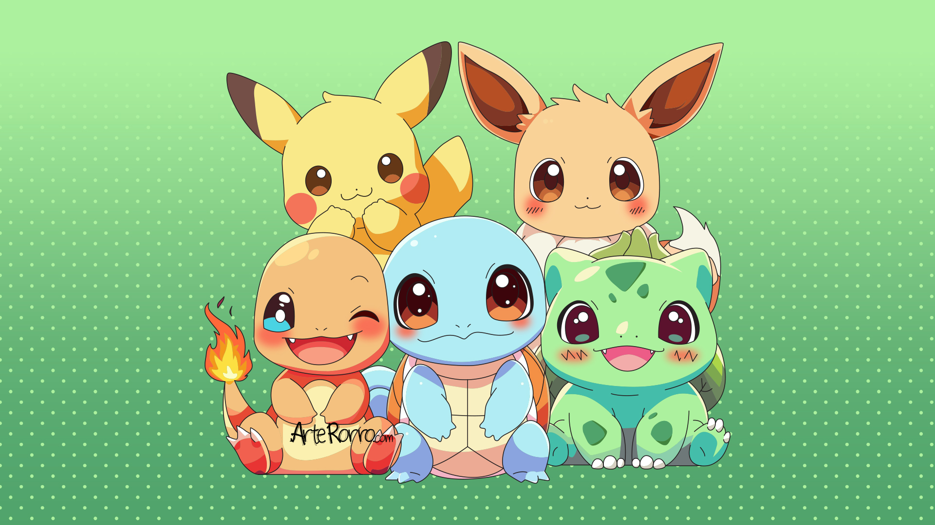 Pikachu, Eevee, Charmander, Squirtle & Bulbasaur