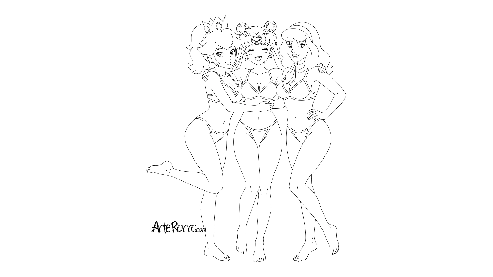 Dibujo de  Sailor Moon, Princesa Peach y Daphne Blake