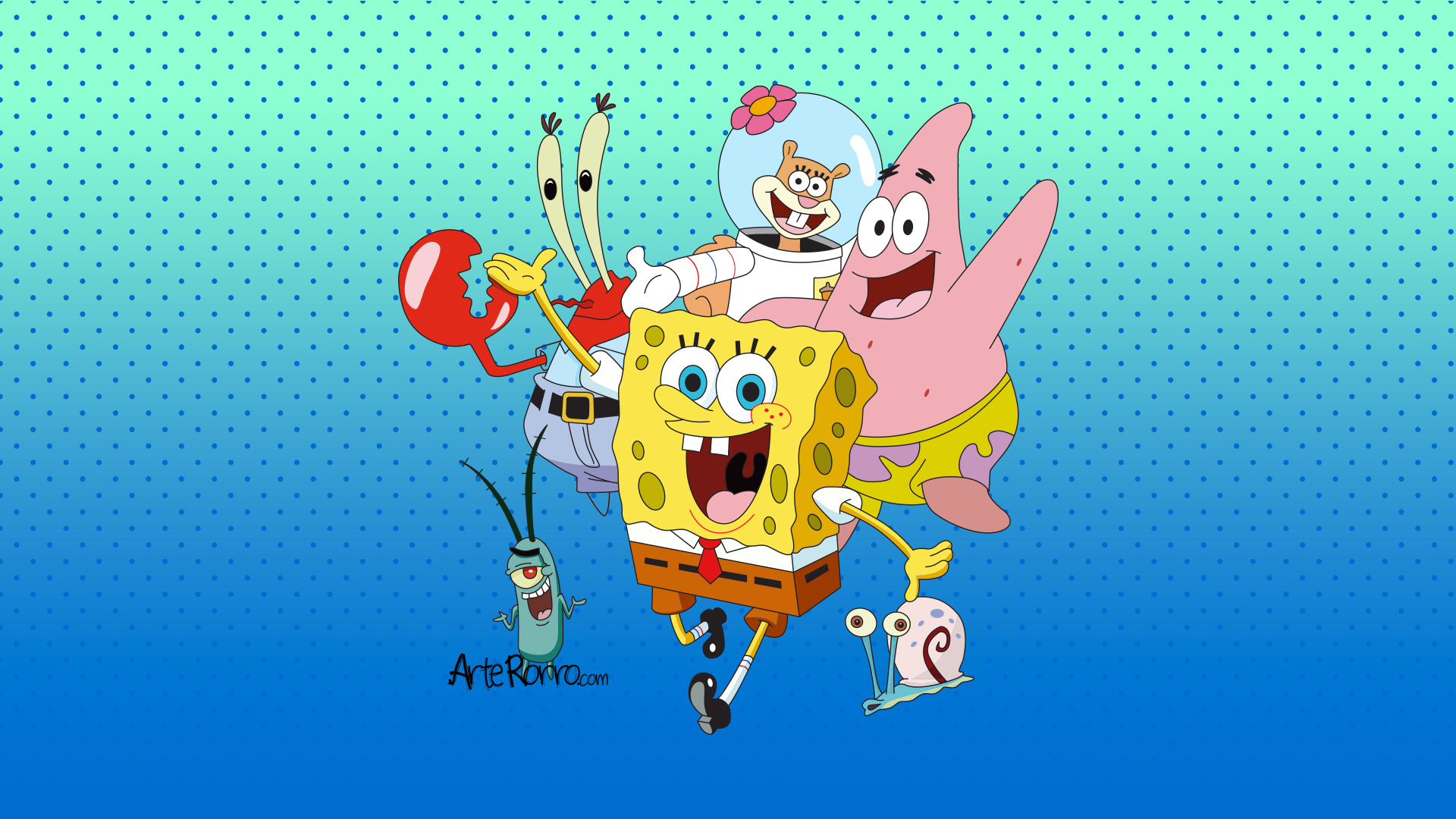 SpongeBob, Patrick, Mr. Krabs, Sandy, Plankton, Gary
